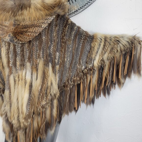 ALBERTO MAKALI~VINTAGE BROWN GENUINE FOX FUR REAL RABBIT HOODED PONCHO CAPE COAT - Picture 4 of 16